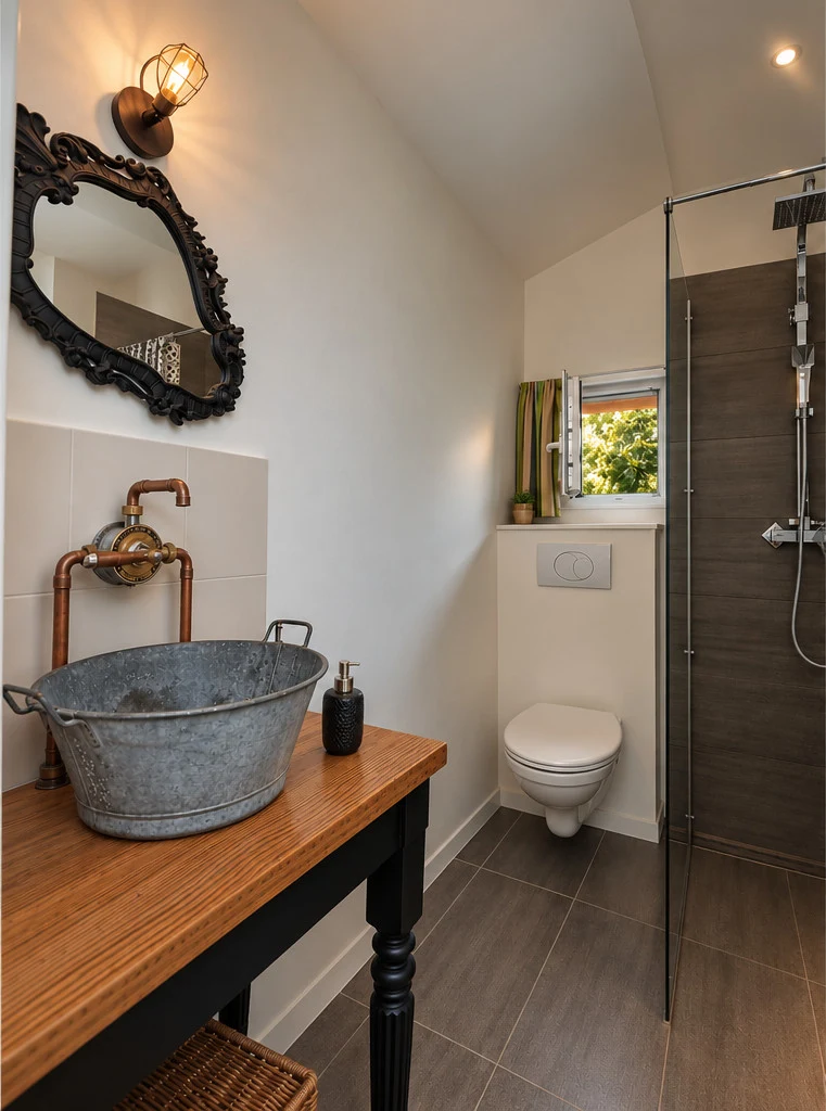 Salle d'eau avec douche, WC et vasque pleine de caractère.